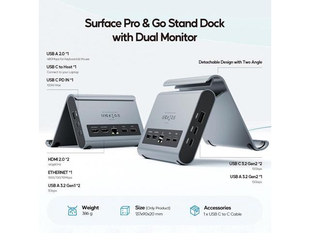 USB C Docking Station Dual Monitor for Microsoft Surface Pro/Go 11/10/X/9/8/7, PULWTOP Dual Displays with 2 xHDMI 4K, 3 x USB-C/A 10Gbps, 2 x USB-A...