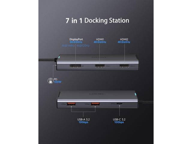 USB C Docking Station, 7 in 1 Docking Station 3 Monitors with Dual HDMI 4K@60Hz & Single DisplayPort (8K@30Hz/ 4K@144Hz), 100W PD, 10Gbps 3USB, USB...