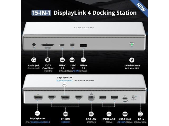 WAVLINK USB C DisplayLink (DL7400) Premium Docking Station, 2xHDMI and 2xDisplayPort, Dual 8K@60Hz,Quad 4K@60Hz for Windows 10/11 and Mac...