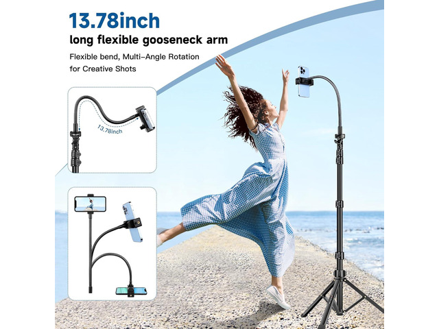 Phone Tripod Stand, 85' Tall Cellphone Tripod for iPhone with Gooseneck Remote, Flexible Portable Phone Stand for Recording, Compatible with iPhone...