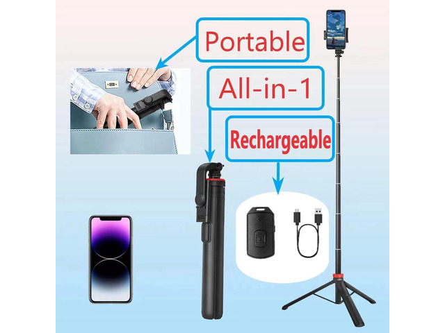 66' Tripod for iPhone & Camera, Portable Phone Tripod with Rechargeable Remote Control and Rotate Phone Stand, Selfie Stick for iPhone/Gopro and...