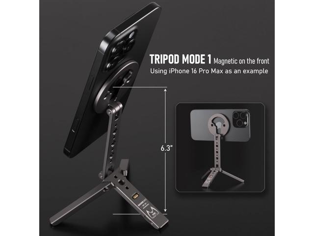 Magnetic Tripod for iPhone 12/13/14/15/16 & MagSafe Cases Handy Phone Stand 20 N52 Magnets Inside, Cold Shoe Mount, 1/4' Screw & Foldable Hook