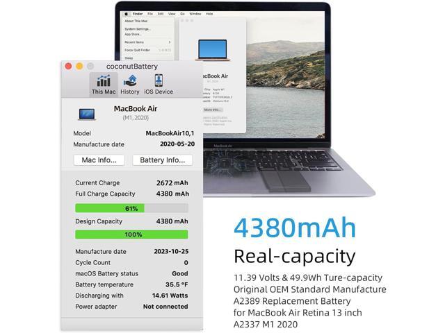 A2337 Battery Replacement, A2389 Battery for MacBook Air 13 inch 2020 M1 Model A2337 EMC 3589 Identifier MacBookAir10,1 Capacity 11.39V 49.9Wh 4380mAh