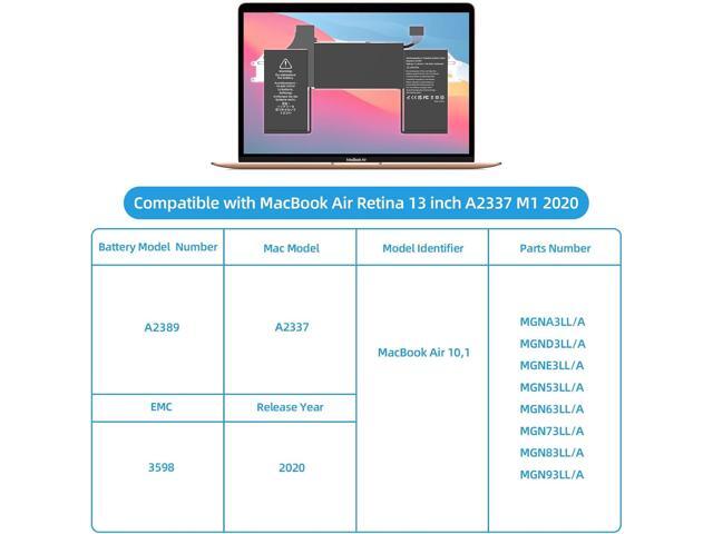 A2337 Battery Replacement, A2389 Battery for MacBook Air 13 inch 2020 M1 Model A2337 EMC 3589 Identifier MacBookAir10,1 Capacity 11.39V 49.9Wh 4380mAh