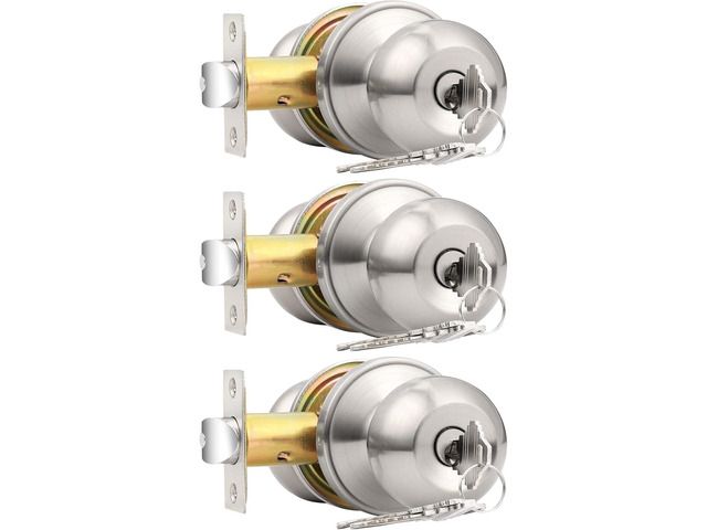 Probrico Brushed Nickel One Keyway Ball Door Knobs Entry Lock with Keys, 3 Pack Keyed Alike Door Locksets, Interior Exterior Keyed Hardware