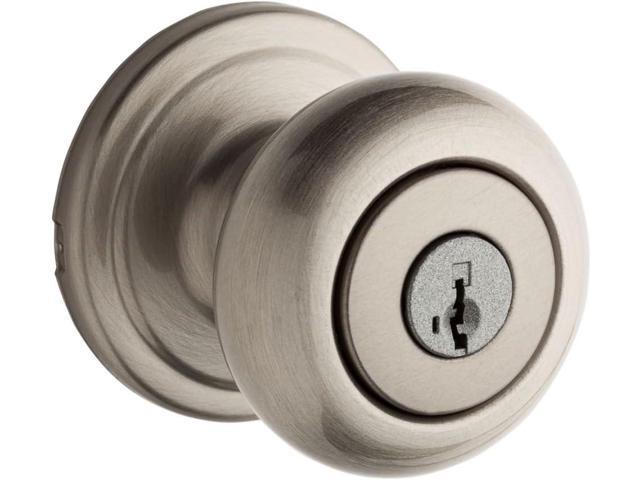 Kwikset Hancock Entry Door Knob with Lock and Key, Secure Keyed Handle Exterior, Front Entrance and Bedroom, Satin Nickel, Pick Resistant SmartKey.