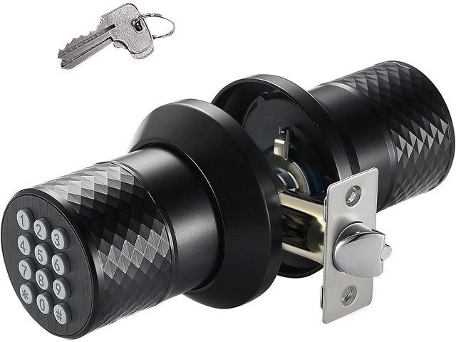 Keypad Door Knob Lock, Keyless Entry Door Knob with Anti-Slip Handle, Auto Lock, Waterproof Electronic Black Door Knob, Safe and Easy Installation...