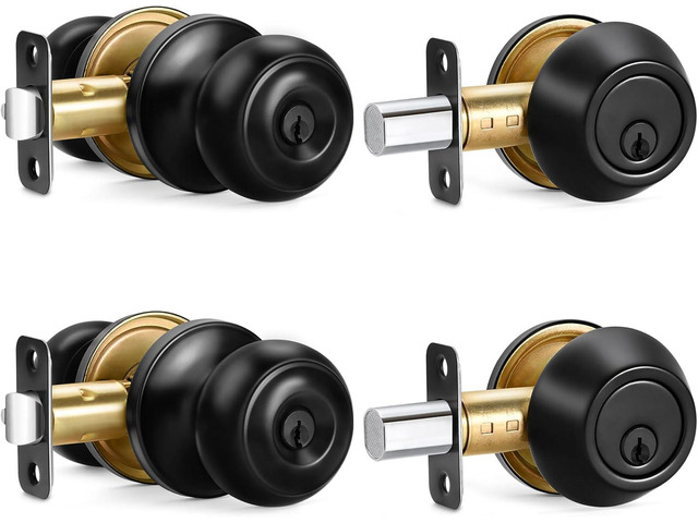 2 Sets Entry Door Knob and Single Cylinder Deadbolt Combo Set, Keyed Alike Round Ball Matte Black Exterior Door Knobs with Lock and Keys for...