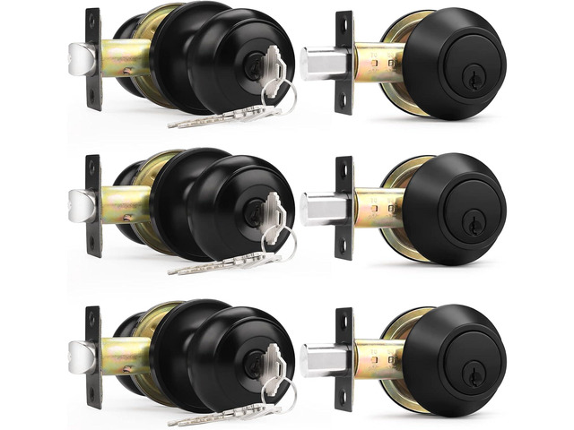 Probrico Entry Door Knobs Lock Set and Single Cylinder Deadbolt Combination Set, Entry Door Locksets with Deadbolt Same Key Flat Black (3 Pack),...