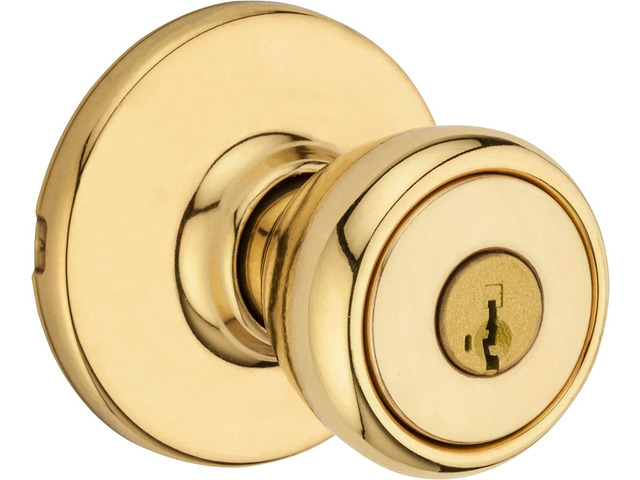 Kwikset Tylo Entry Door Knob with Lock and Key, Secure Keyed Handle Exterior, Front Entrance and Bedroom, Polished Brass, Pick Resistant SmartKey...