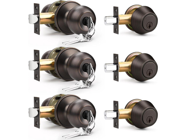 3 Pack Entry Door Locksets with Single Cylinder Deadbolt, Oil Rubbed Bronze Exterior Door Lock Set with Same Key, Front Roound Door Knob and...