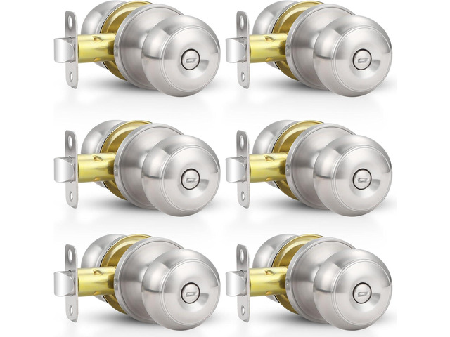6 Pack Brushed Nickel Door Knobs, Privacy Door Lock Silver Keyless Door Handle with Lock for Bathroom Bedroom, Keyless Door Hardware