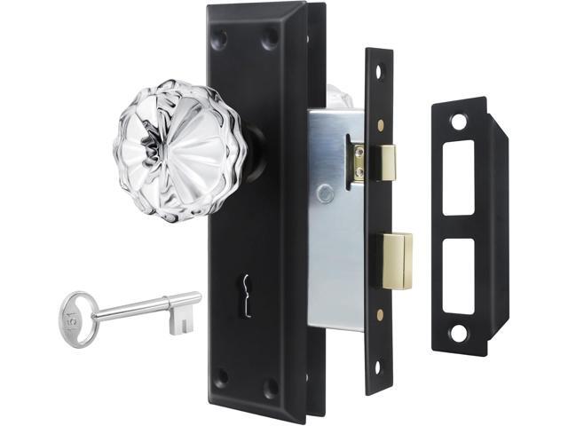 Mortise Lock Set for Interior Door, Vintage Old Style Door Knobs with Lock and Skeleton Key, Crystal Glass Door Knobs in Matte Black Finish