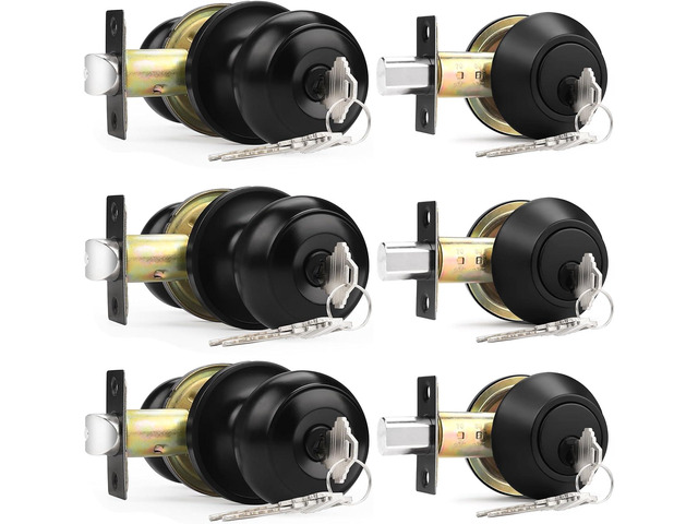 Probrico Black Door Knob and Single Cylinder Deadbolt with Same Key, Keyed Alike Entry Door Locksets with Knob and Deadbolt for Front Door, 3 Pack