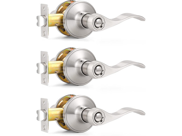Probrico Satin Nickel Wave Style Privacy Door Levers Bath/Bed Door Handles, Interior Keyless Door Locksets, 3 Pack