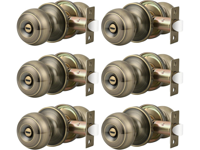 Probrico 6 Pack Privacy Door Knobs Lock Interior Bedroom Bathroom Door Handle Antique Brass Round Ball Keyless Lockset