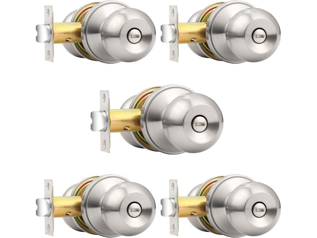 Probrico Brushed Nickel Doorknob, Round Ball Privacy Knobs, Interior Keyless Door Locksets for Bed and Bath, 5 Pack