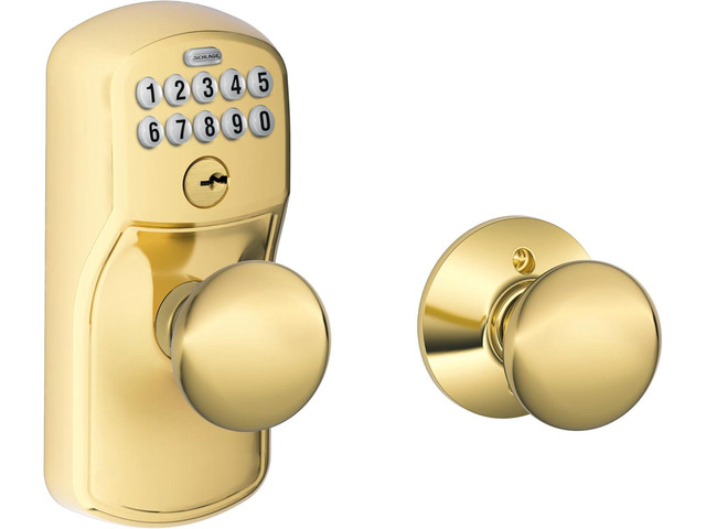 SCHLAGE FE575 PLY 505 PLY Plymouth Keypad Entry with Auto-Lock and Plymouth Knobs, Bright Brass