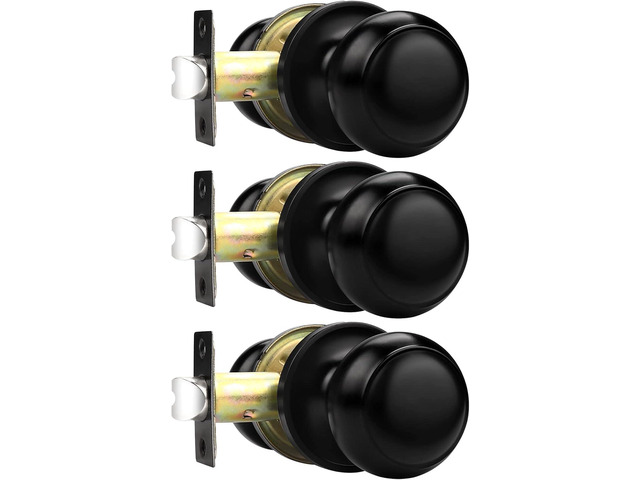 Probrico Hall/Closet Door Knobs in Matte Black Finish, Interior Round Passage Door Knobs Non-Locking Door Handles,3 Pack