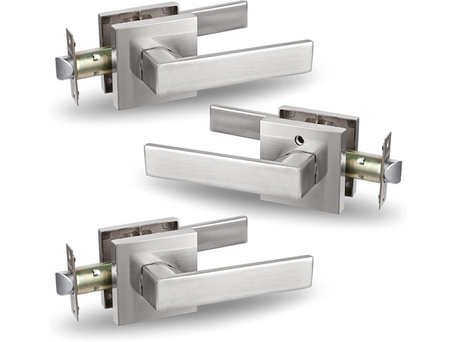 3 Pack Square Keyless Passage Door Lever Handle in Brushed Nickel Finish, USHTL01-SN-PS-3P