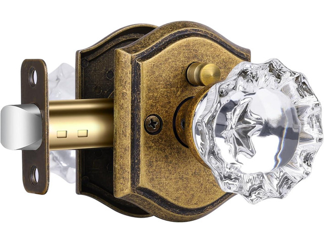 Glass Door Knobs Interior with Lock, Vintage Crystal Privacy Antique Brass Door Knobs for Bedroom Bathroom, 1 Pack
