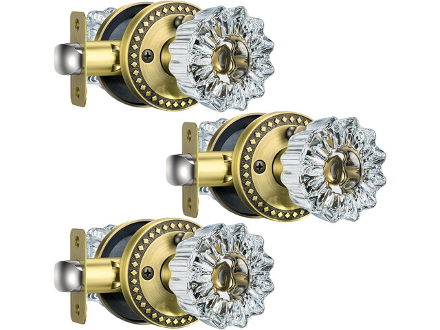 3-Pack Calzibeno Glass Knobs: Privacy Crystal with Lock, Antique Brass, Vintage Interior