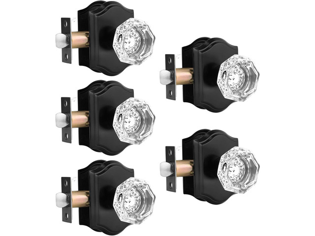 5 Pack Clear Crystal Door Knobs,Diamond Glass Passage Door Handles Locks for Closet Hallway,Keyless Interior Door Knob with Matte Black Rosette
