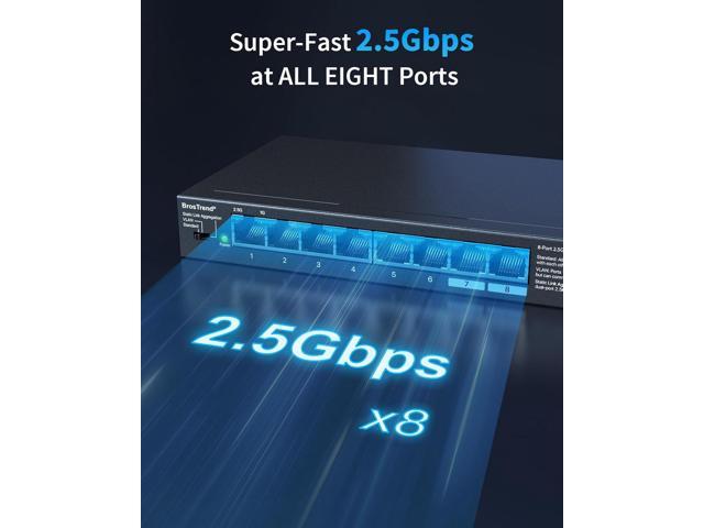 BrosTrend 2.5Gb Switch, Unmanaged 8 Port Ethernet Switch 2.5 Gigabit Supports Static Link Aggregation & VLAN, Fanless, Desktop Wall Mount, Multi...