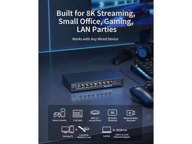 BrosTrend 2.5Gb Switch, Unmanaged 8 Port Ethernet Switch 2.5 Gigabit Supports Static Link Aggregation & VLAN, Fanless, Desktop Wall Mount, Multi...