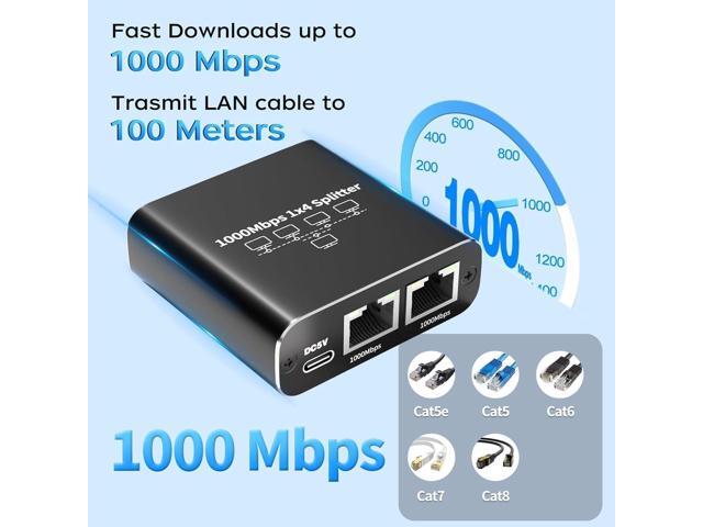 1000Mbps Ethernet Splitter 1 to 4 High Speed Rj45 Splitter, 4 Devices Simultaneously Networking, LAN Network Adapter with USB Power Cable, Internet...