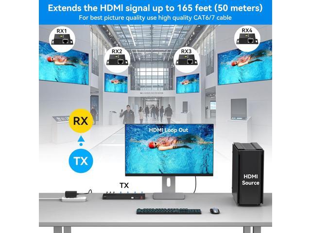 4K 1x4 HDMI Extender Splitter Over CAT6/7 Ethernet 4K30Hz Up to 165ft-1080P Up to 196ft Support HDMI Loop Out EDID with 4X Receivers