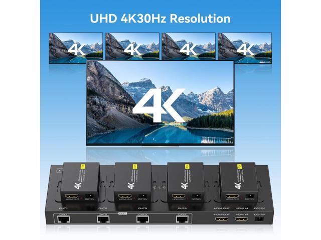 4K 1x4 HDMI Extender Splitter Over CAT6/7 Ethernet 4K30Hz Up to 165ft-1080P Up to 196ft Support HDMI Loop Out EDID with 4X Receivers
