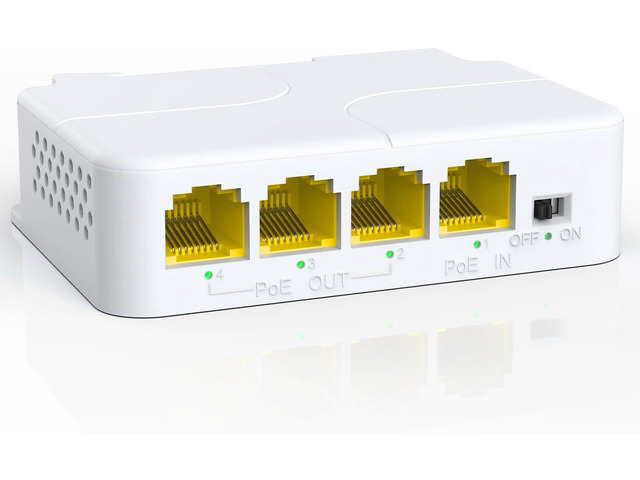 YuanLey 4 Port PoE Extender Gigabit with 3 PoE Out, IEEE 802.3af/at Mini 4 Channel Repeater 1000Mbps, VLAN, Wall and Din Rail Mount Passthrough POE...