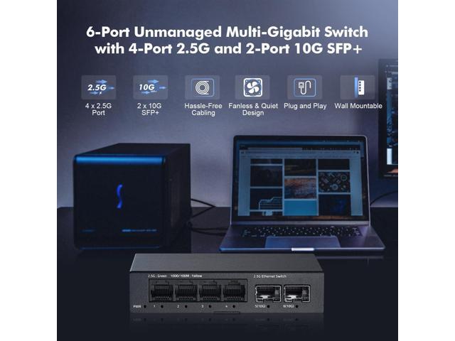 YuLinca 6 Port 2.5G Unmanaged Switch, 4 x 2.5GBASE-T Ports with 2 x 10G SFP+, Metal Mini Case, 60Gbps Switching Capacity, Fanless Plug & Play 2.5Gb...