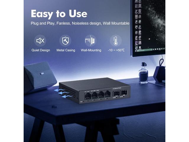 YuLinca 6 Port 2.5G Unmanaged Switch, 4 x 2.5GBASE-T Ports with 2 x 10G SFP+, Metal Mini Case, 60Gbps Switching Capacity, Fanless Plug & Play 2.5Gb...