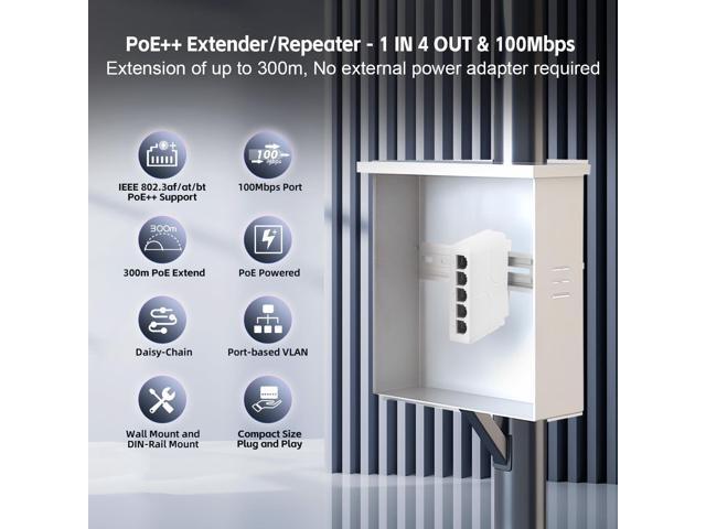 YuLinca 5 Port PoE Extender with 1 PoE in 4 PoE Out, IEEE 802.3 af/at/bt 90W PoE Repeater with 10/100Mbps, Wall and Din Rail Mount PoE Passthrough...