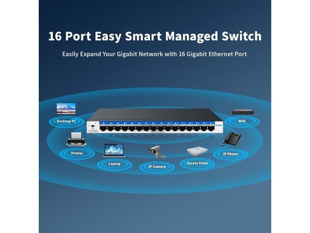 16 Port Gigabit Switch, Easy Smart Managed Ethernet Switch, Network Hub, Ethernet Splitter, Plug & Play, Fanless Metal Design, VLAN, Qos, Desktop...