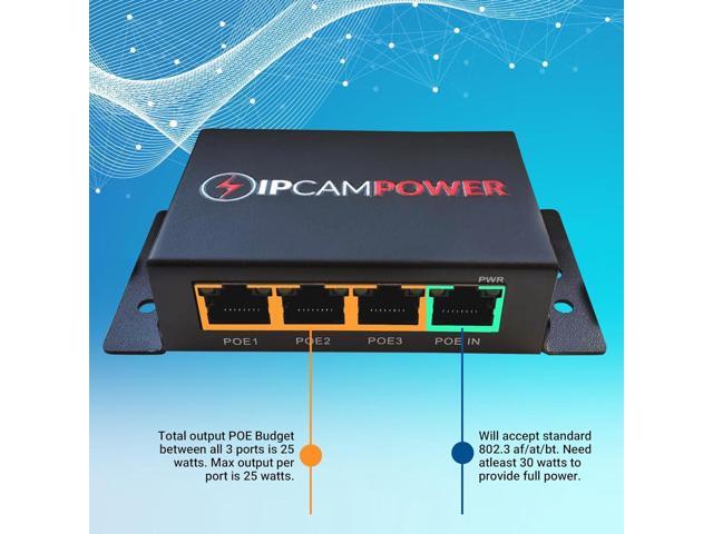 POE Powered 3 Port Switch & Network Cat5 Cat6 Midspan Cable Range Extender Pass Through Repeater for IP Cameras - Gigabit 10/100/1000