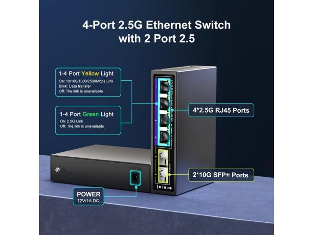 6 Port 2.5G Unmanaged Ethernet Switch, 4 x 2.5G Base-T Ports, 2 x 10G SFP+, Compatible with 100/1000/2500Mbps, Metal Fanless, Desktop/Wall Mount...