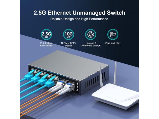 6 Port 2.5G Unmanaged Ethernet Switch, 4 x 2.5G Base-T Ports, 2 x 10G SFP+, Compatible with 100/1000/2500Mbps, Metal Fanless, Desktop/Wall Mount...