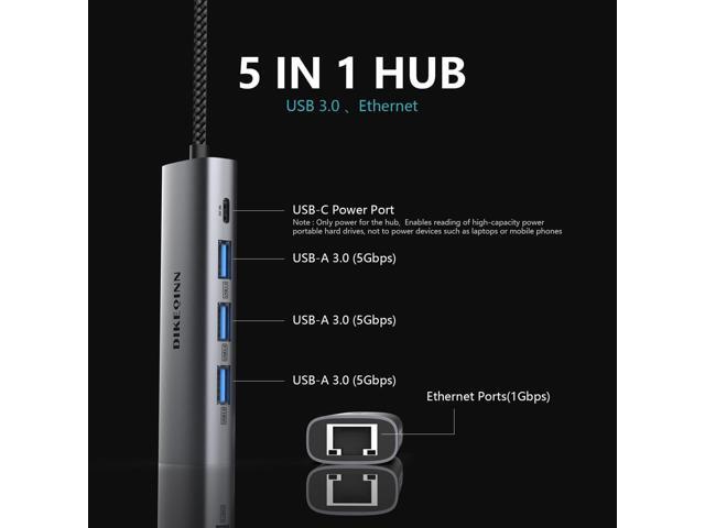 USB 3.0 Hub with Gigabit Ethernet, 3-Port USB-A 5Gbps + USB-C Power Port for MacBook, Dell, HP, Surface (Plug and Play) (USB-C)