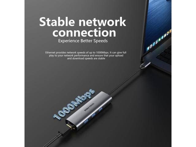 USB 3.0 Hub with Gigabit Ethernet, 3-Port USB-A 5Gbps + USB-C Power Port for MacBook, Dell, HP, Surface (Plug and Play) (USB-C)