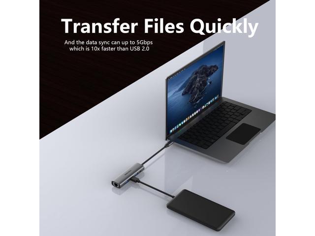 USB 3.0 Hub with Gigabit Ethernet, 3-Port USB-A 5Gbps + USB-C Power Port for MacBook, Dell, HP, Surface (Plug and Play) (USB-C)