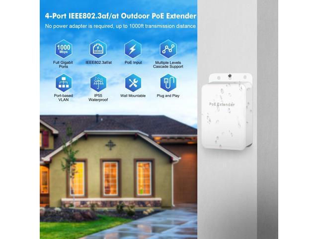 MokerLink Outdoor 4 Port Gigabit PoE Switch/Extender, IEEE 802.3 af/at PoE Repeater, 10/100/1000Mbps, 1 PoE in 3 PoE Out, Powered by PoE, Wall...
