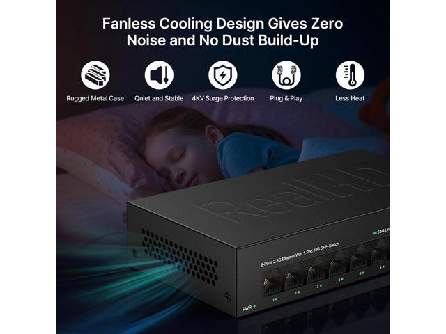 Real HD 8 Port 2.5G Ethernet Switch Unmanaged Network Switch with 8 x 2.5 Gigabit 1 x 10G SFP+ Work with 10-100-1000Mbps Devices 60G...