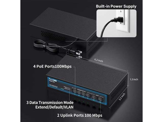 6 Port PoE Switch, 4 Ports 10/100Mbps PoE+ 2 Ethernet Uplink, Total Power Budget 55W, 802.3af/at Compliant, Compatible with IP Cameras VOIP Phones,...