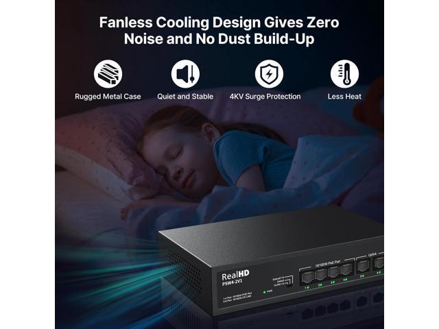 6 Port PoE Switch, 4 Ports 10/100Mbps PoE+ 2 Ethernet Uplink, Total Power Budget 55W, 802.3af/at Compliant, Compatible with IP Cameras VOIP Phones,...