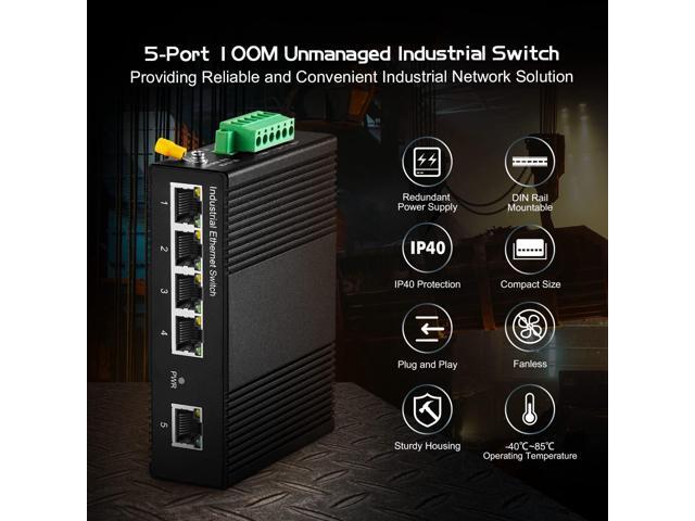 Binardat 5 Port Din Rail Industrial Ethernet Switch, 4 Ports and 1 Uplink 10/100Mbps, Fanless Wall Mount, with One Power Supply