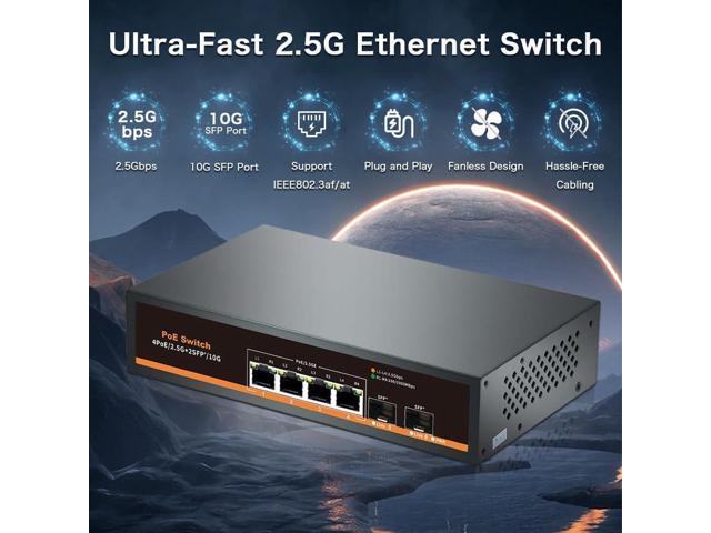 2.5G Unmanaged PoE Switch with 4 x 2.5G Base-T Ports and 2 x 10G SFP Uplink Port, Compatible with 100/1000/2500Mbps, Fanlesss Design, Plug & Play,...