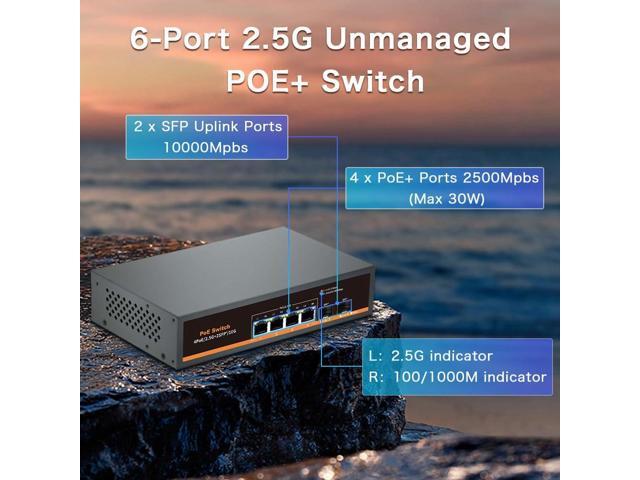 2.5G Unmanaged PoE Switch with 4 x 2.5G Base-T Ports and 2 x 10G SFP Uplink Port, Compatible with 100/1000/2500Mbps, Fanlesss Design, Plug & Play,...